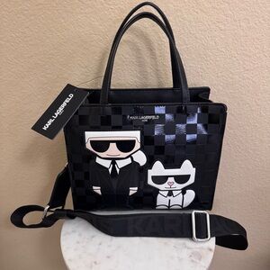 NWT KARL LAGERFELD black Maybelle crossbody top handle satchel cat choupette